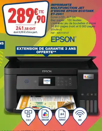 Bureau Vallée Epson imprimante multifonction jet d’encre ecotank et-2851 offre