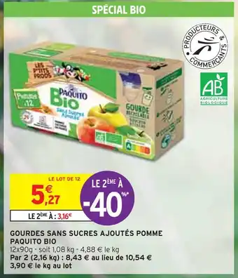 Intermarché Paquito gourdes sans sucres ajoutés pomme bio offre
