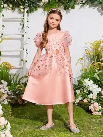 SheIn Fille robe de soirée à applique fleurie à nœud papillon à manches bouffantes offre