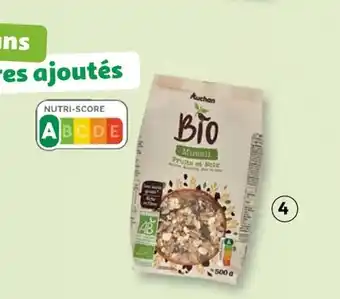 Auchan MUESLI AUCHAN BIO FRUITS ET BAIES OU FRUITS ET NOIX SANS SUCRES AJOUTÉS - 500 G - offre