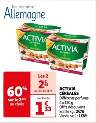 Auchan ACTIVIA CÉRÉALES Différents parfums 4x120 g offre