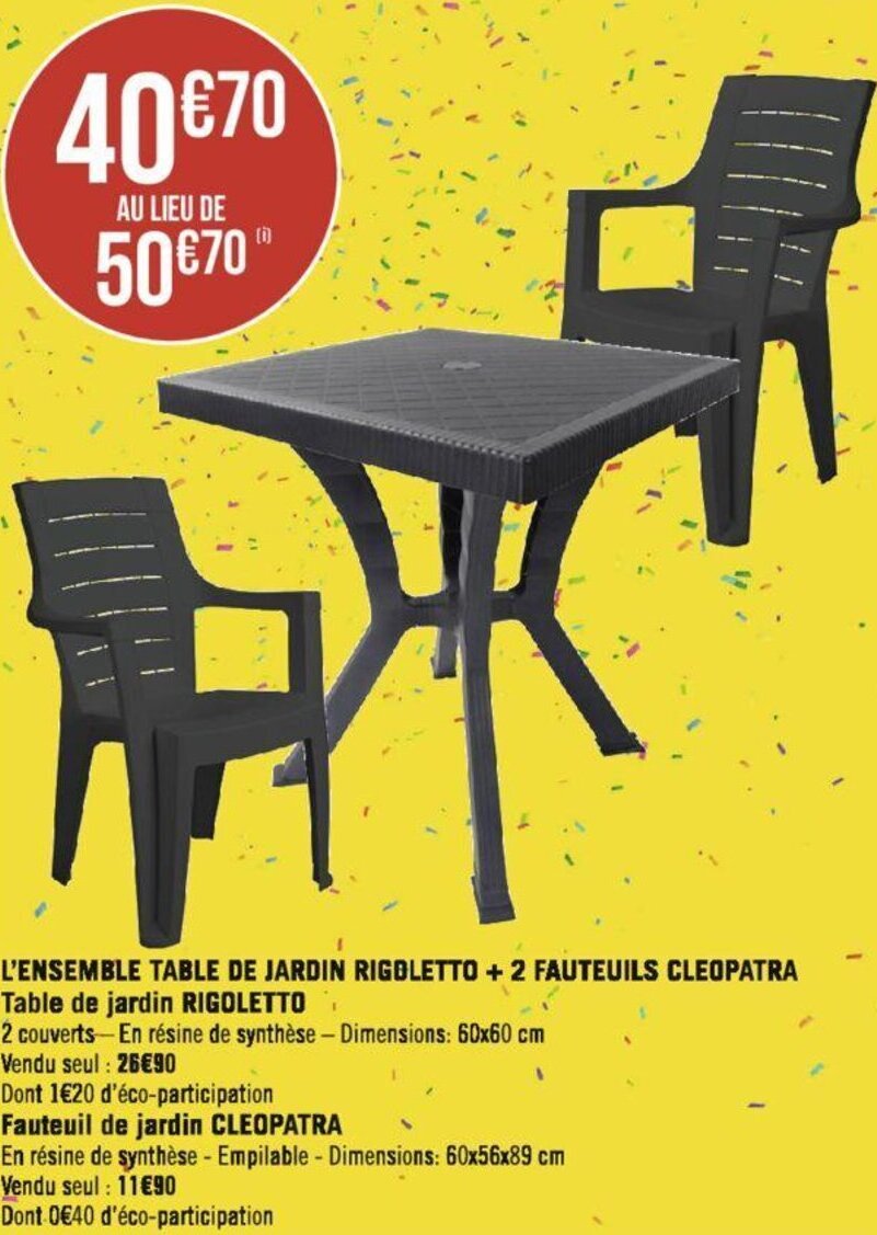Casino Hyperfrais L'ENSEMBLE TABLE DE JARDIN RIGOLETTO + 2 FAUTEUILS CLEOPATRA Table de jardin RIGOLETTO offre