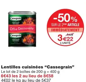 Monoprix Lentilles cuisinées Cassegrain offre