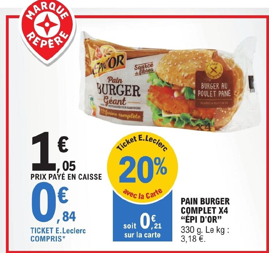 Promo PAIN BURGER COMPLET X4 "ÉPI D'OR" chez E.Leclerc