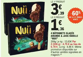 E.Leclerc 4 BÂTONNETS GLAÇÉS AMANDE & JAVA VANILLE "NUII" offre