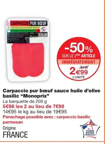 Monoprix Carpaccio pur bœuf sauce huile d'olive basilic offre