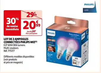 Auchan Philips lot de 2 ampoules connectées philips wiz offre