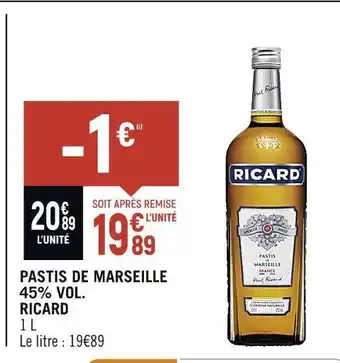 Spar Ricard pastis de marseille 45% vol. offre