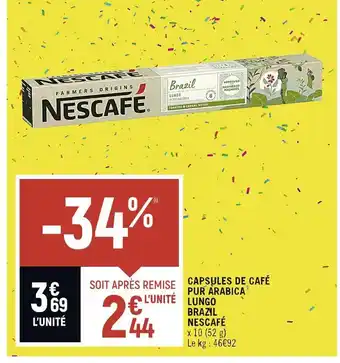 Nescafé capsules de café pur arabica lungo brazil
