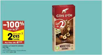 Leader Price Chocolat lait noisettes entières cote d'or offre