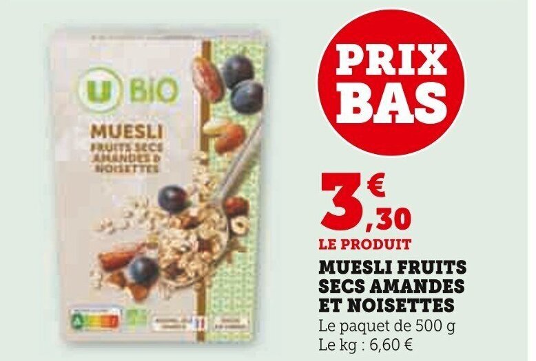 Promo MUESLI FRUITS SECS AMANDES ET NOISETTES chez Super U