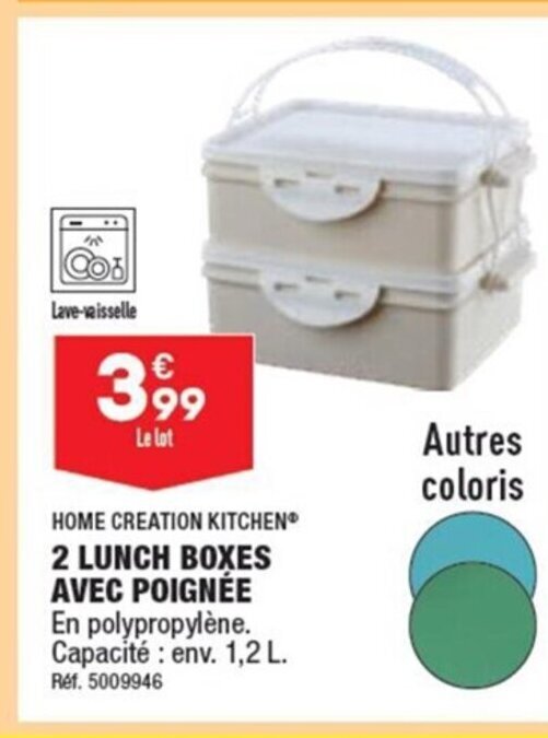 Promo HOME CREATION KITCHEN 2 LUNCH BOXES AVEC POIGNÉE chez ALDI