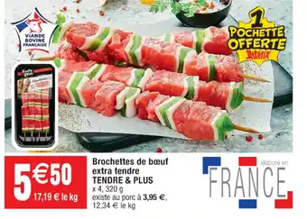 Cora x Carrefour Brochettes de bœuf extra tendre TENDRE & PLUS x 4, 320 g existe au porc à 3,95 €, 12,34 € le kg offre