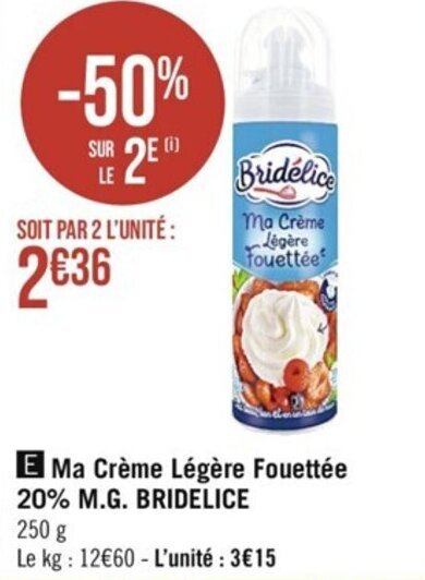 Casino Supermarchés Ma Crème Légère Fouettée 20% M.G. BRIDELICE offre