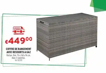 COFFRE DE RANGEMENT AVEC RESSORTS A GAZ Rattan. Dim. 75 x 160 x 94 cm. Avec 2 roulettes.