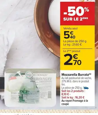 Carrefour Mozzarella Burrata (⁰) Au lait pasteurisé de vache, 27% M.G. dans le produit fini. offre