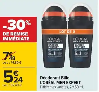 Carrefour Déodorant Bille L'ORÉAL MEN EXPERT Différentes variétés, 2 x 50 ml. offre