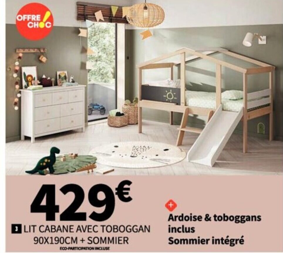 Promo 3 LIT CABANE AVEC TOBOGGAN 90X190CM + SOMMIER chez Conforama