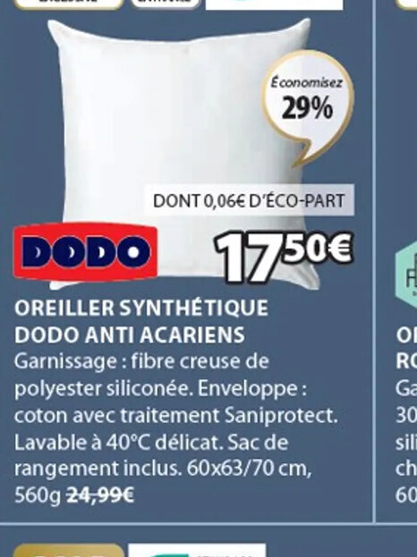 JYSK OREILLER SYNTHÉTIQUE DODO ANTI ACARIENS offre