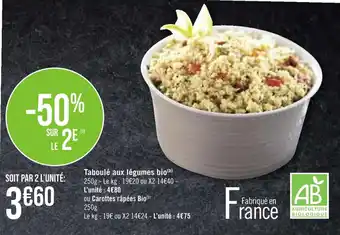 Casino Supermarchés Taboulé aux légumes bio(b) 250g - Le kg: 19€20 ou X2 14€40 - L'unité : 4€80 offre