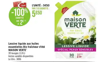 Casino Supermarchés Lessive liquide aux huiles essentielles Bio fraîcheur d'été MAISON VERTE* offre