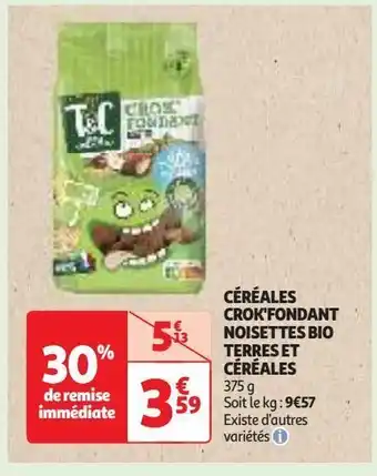 Auchan Supermarché Céréales crok'fondant noisettes bio terres et céréales offre