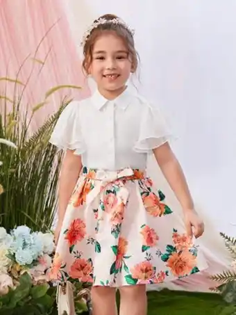 SheIn Shein petite fille blouse à manches papillon & jupe à imprimé floral ceinturé offre
