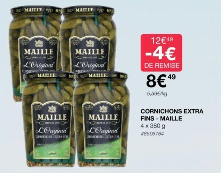 Promo CORNICHONS EXTRA FINS MAILLE 4 x 380 g 8506764 chez Costco