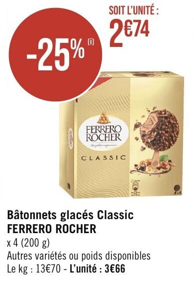 Géant Casino Bâtonnets glacés Classic FERRERO ROCHER offre