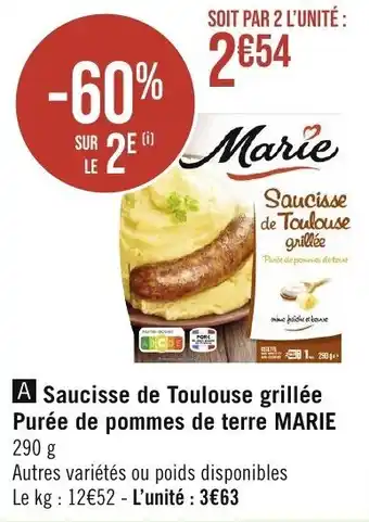 Géant Casino Saucisse de Toulouse grillée Purée de pommes de terre MARIE 290 g offre