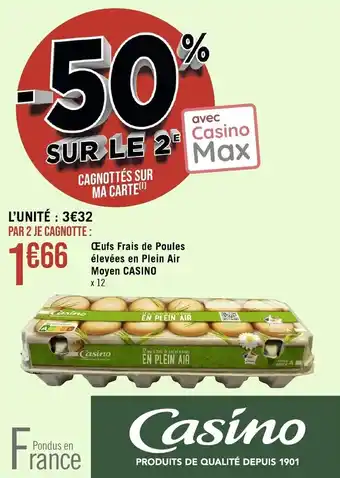 Géant Casino Œufs Frais de Poules élevées en Plein Air Moyen CASINO x 12 offre