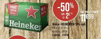 Géant Casino Bière HEINEKEN 5% vol. 24 x 25 cl (6 L) Le litre 2€66 L'unité: 15€98 offre