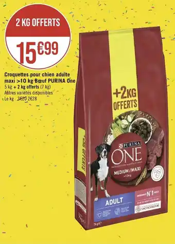 Géant Casino Croquettes pour chien adulte maxi >10 kg Bœuf PURINA One 5 kg + 2 kg offerts (7 kg) offre