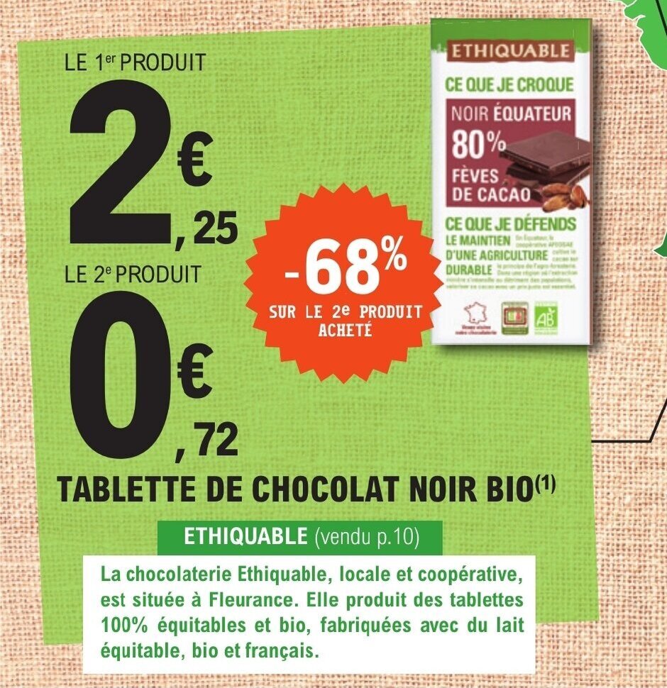 E.Leclerc TABLETTE DE CHOCOLAT NOIR BIO(¹) offre