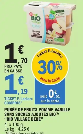 PURÉE DE FRUITS POMME VANILLE SANS SUCRES AJOUTÉS BIO(¹) "BIO VILLAGE BÉBÉ"