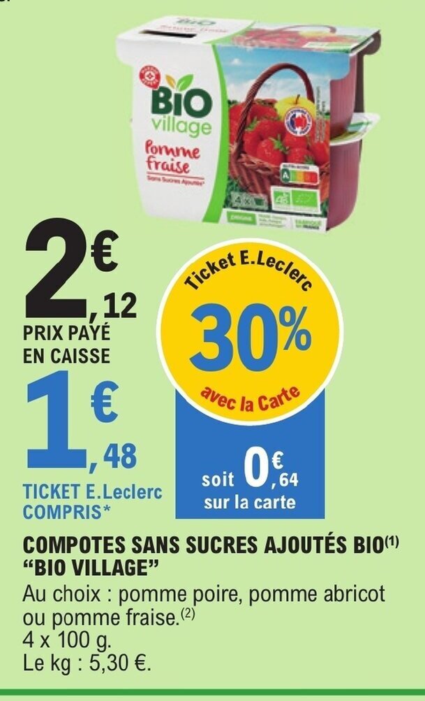 Promo COMPOTES SANS SUCRES AJOUTÉS BIO (¹) "BIO VILLAGE" chez E.Leclerc