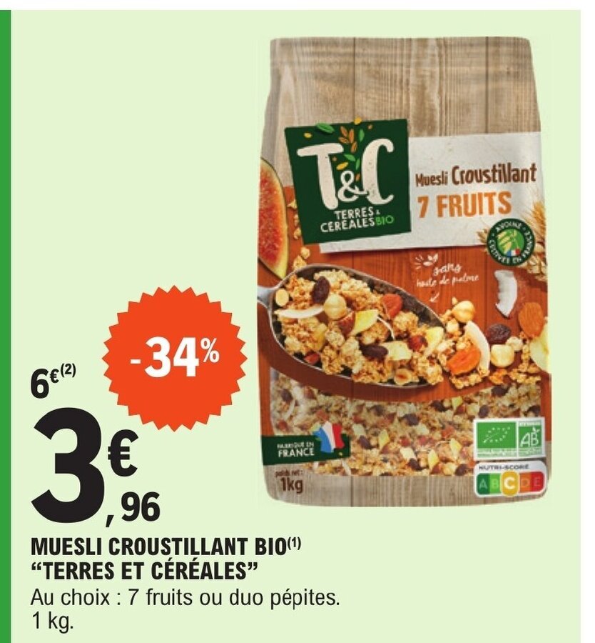Promo MUESLI CROUSTILLANT BIO(¹) "TERRES ET CÉRÉALES" chez E.Leclerc