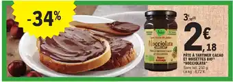 E.Leclerc PÂTE À TARTINER CACAO ET NOISETTES BIO(¹) "NOCCIOLATA" Sans lait. 250 g Le kg: 8,72 € offre