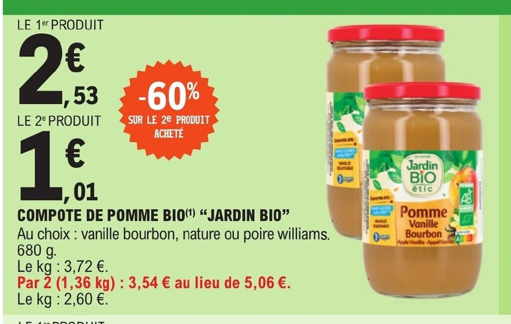 Promo COMPOTE DE POMME BIO(¹) "JARDIN BIO" chez E.Leclerc