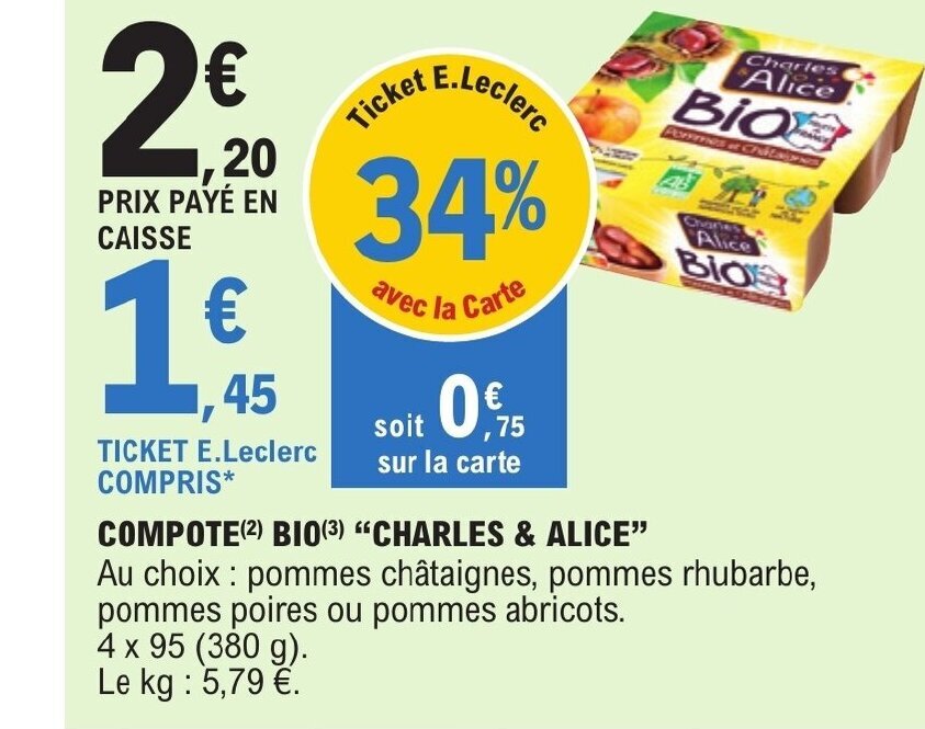 Promo COMPOTE (2) BIO(3) "CHARLES & ALICE" chez E.Leclerc