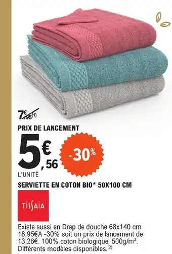 E.Leclerc SERVIETTE EN COTON BIO* 50X100 CM offre