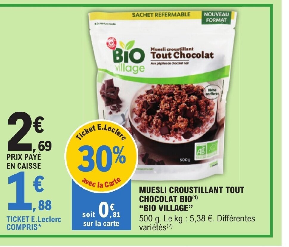 Promo MUESLI CROUSTILLANT TOUT CHOCOLAT BIO(¹) chez E.Leclerc