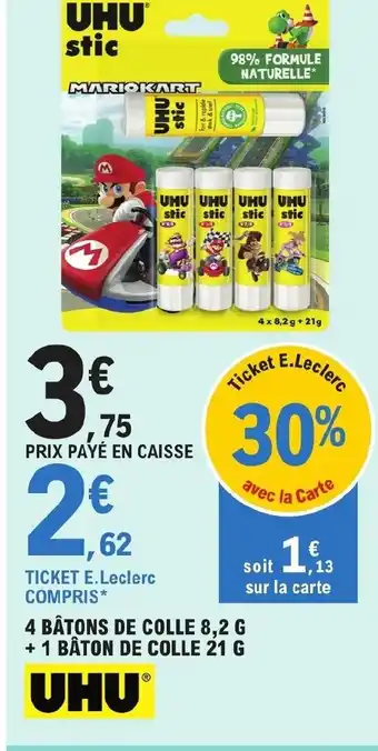 E.Leclerc 4 BÂTONS DE COLLE 8,2 G + 1 BÂTON DE COLLE 21 G offre