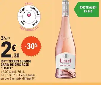 E.Leclerc IGP (3) TERRES DU MIDI GRAIN DE GRIS ROSÉ "LISTEL" offre