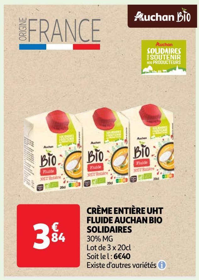 Auchan Auchan bio crème entière uht fluide solidaires offre