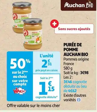 Auchan Auchan bio purée de pomme offre