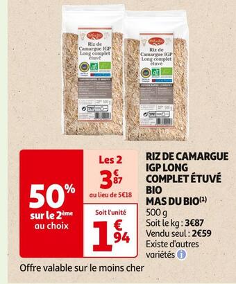 Auchan Supermarché Riz de camargue igp long complet étuvé bio mas du bio offre