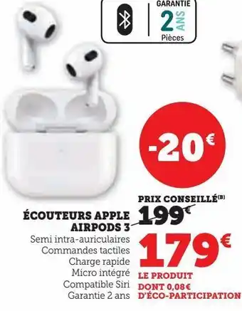 Hyper U Écouteurs apple airpods 3 offre