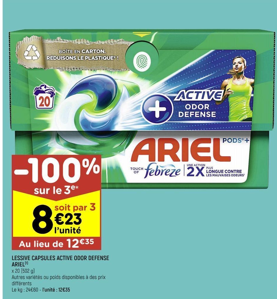Leader Price Lessive capsules active odor defense ariel offre
