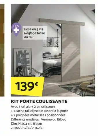 Bricomarché KIT PORTE COULISSANTE Avec 1 rail alu + 2 amortisseurs offre